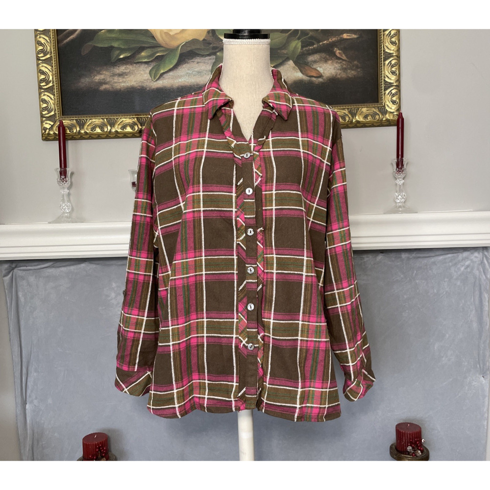 Umgee Plaid Button Up Raw Edge Flannel Shirt Large